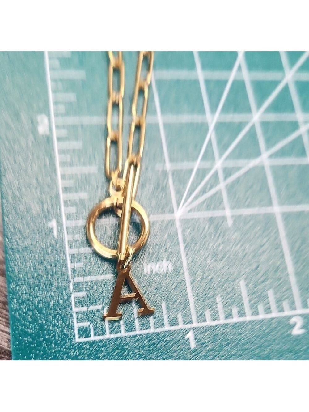 18k Gold Plated Stainless Paperclip Necklace with Toggle and A Initial Pendant - Picture 6 of 7